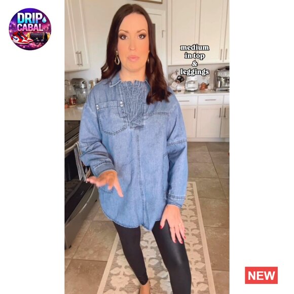 Denim Pullover Blouse Loose Fit Long Sleeve V Neck Button Casual Chic - Picture 5 of 7